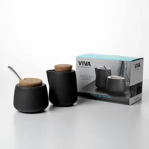 Viva Nicola Charcoal Porcelain Creamer & Sugar Set with Cork Lid & Metal Spoon for Coffee Bar 7oz/200ml Milk & Sugar Bowl Elegant Matte Finish for Tea & Coffee Lovers Grey