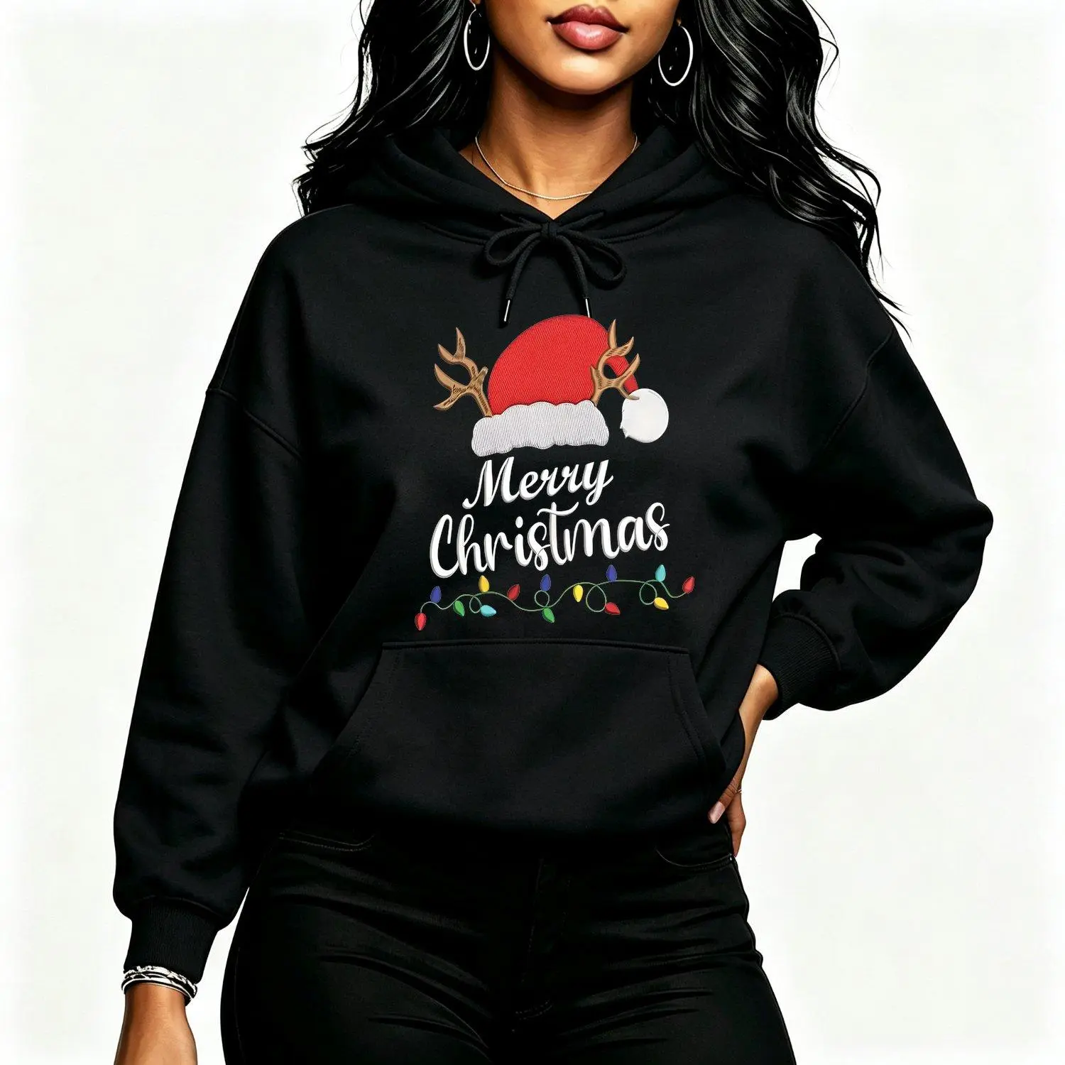 Men's Christmas Graphic Print Hoodies - Santa Hat Antlers Design, Comfortable Casual Streetwear, Holiday Clothes, Festive Pullover Menswear Sweatshirts, Seasonal Gift Option