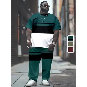 Appropriaty Plus Size Color Block Set - 2pcs Men's Short Sleeve T-shirt & Pants Set for Summer, Outdoor Sports, 3D Printing, Running Streetwear