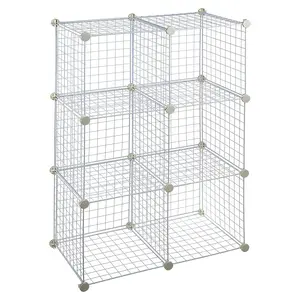 AllGoNicer 6-Cube White Wire Grid Storage Shelves, Stackable Cubes, 14" Interlock Stackable Cubes,locked corners, Floor-Stand or Wall-Hang.