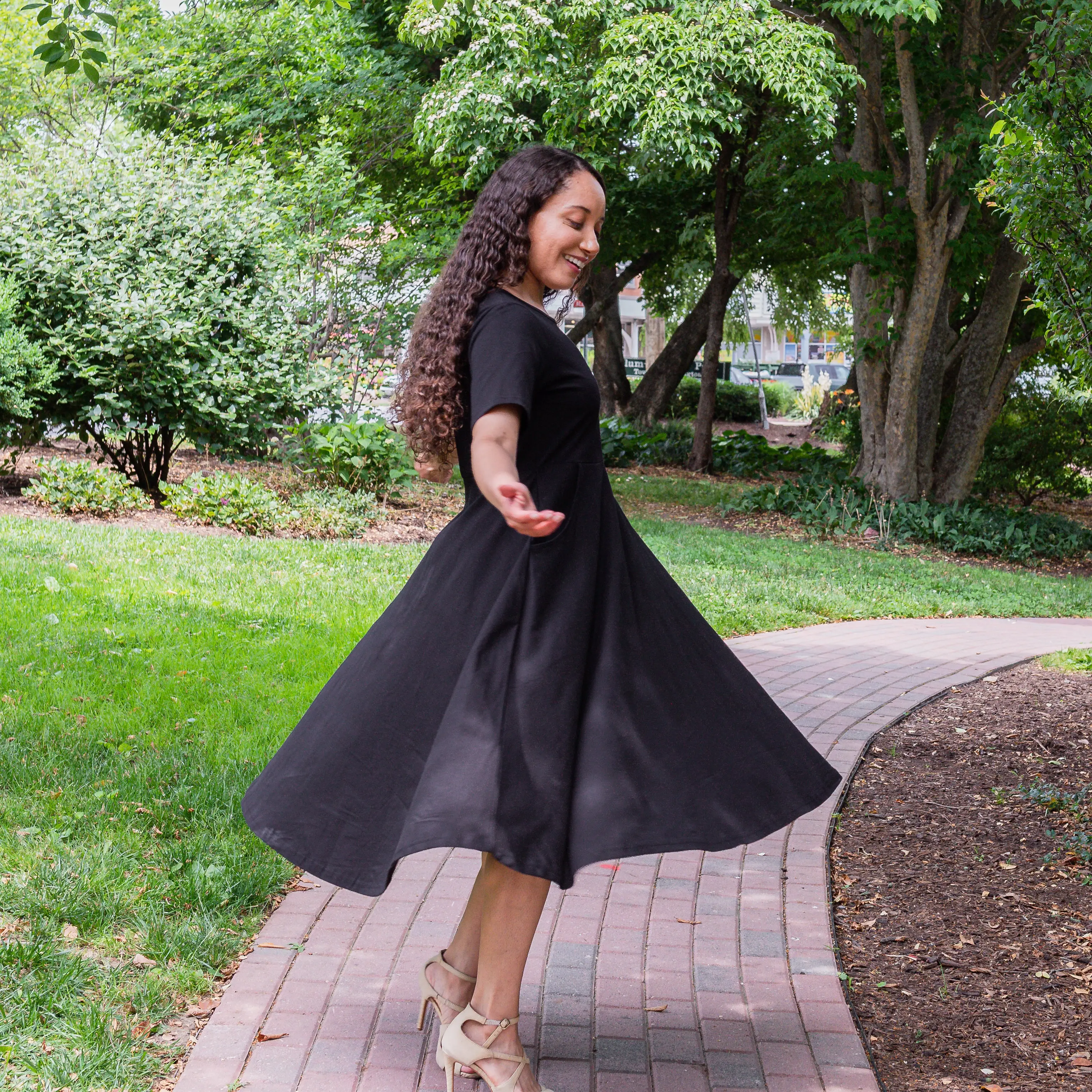 Onyx Black Petite Midi Twirl Dress with Pockets
