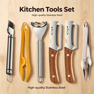6Pcs Multi-Purpose Manual Slicer-Grater Peelers Kitchen Tool Set, Stainless Steel Utensils with Wooden Handle Knife & Tweezers