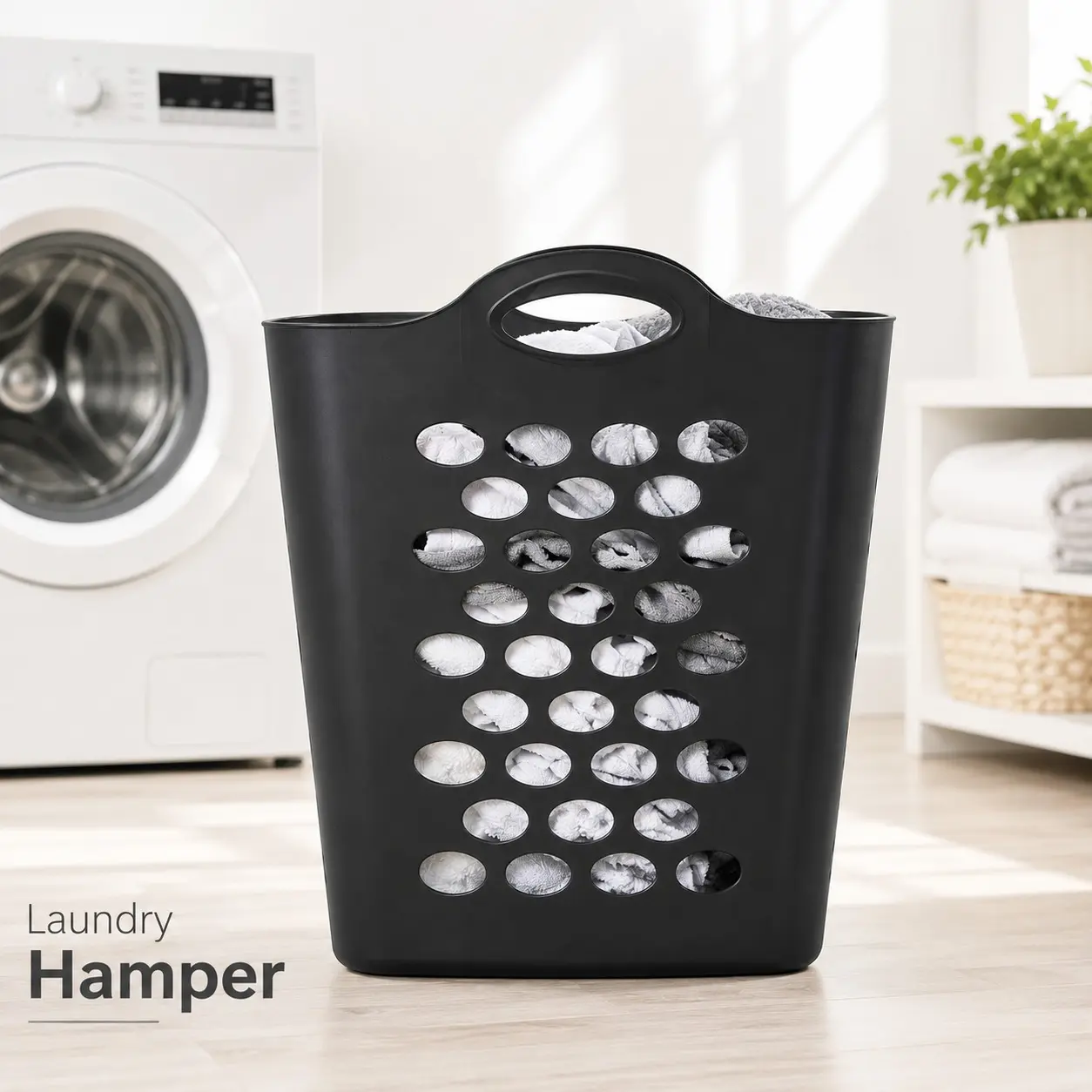 Flexible Square Laundry Hamper Black Plastic Laundry Basket with Easy Carry Handles