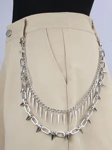 Punk Rivet Geometric Chain Hip Hop Belt, Fashion Street Dance Metal Buckle Pants Chain, Versatile Double Layer Waist Chain