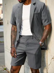 Men's Solid Color Short Sleeve Shirt and Pocket Shorts Set, Casual Blazer Two-Piece, Comfortable Slim Fit, Streetwear Style