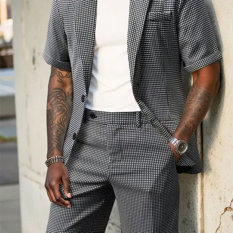 Men's Solid Color Short Sleeve Blazer and Pocket Shorts Set, Casual Two-Piece Set, Comfortable Slim-Fit Design, Streetwear Style, Suits