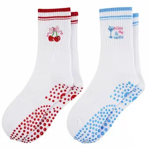 Pilates Socks for Women, Grip Yoga Crew Cute Socks Gifts for Women Non Slip for Barre Workout with Embroidery