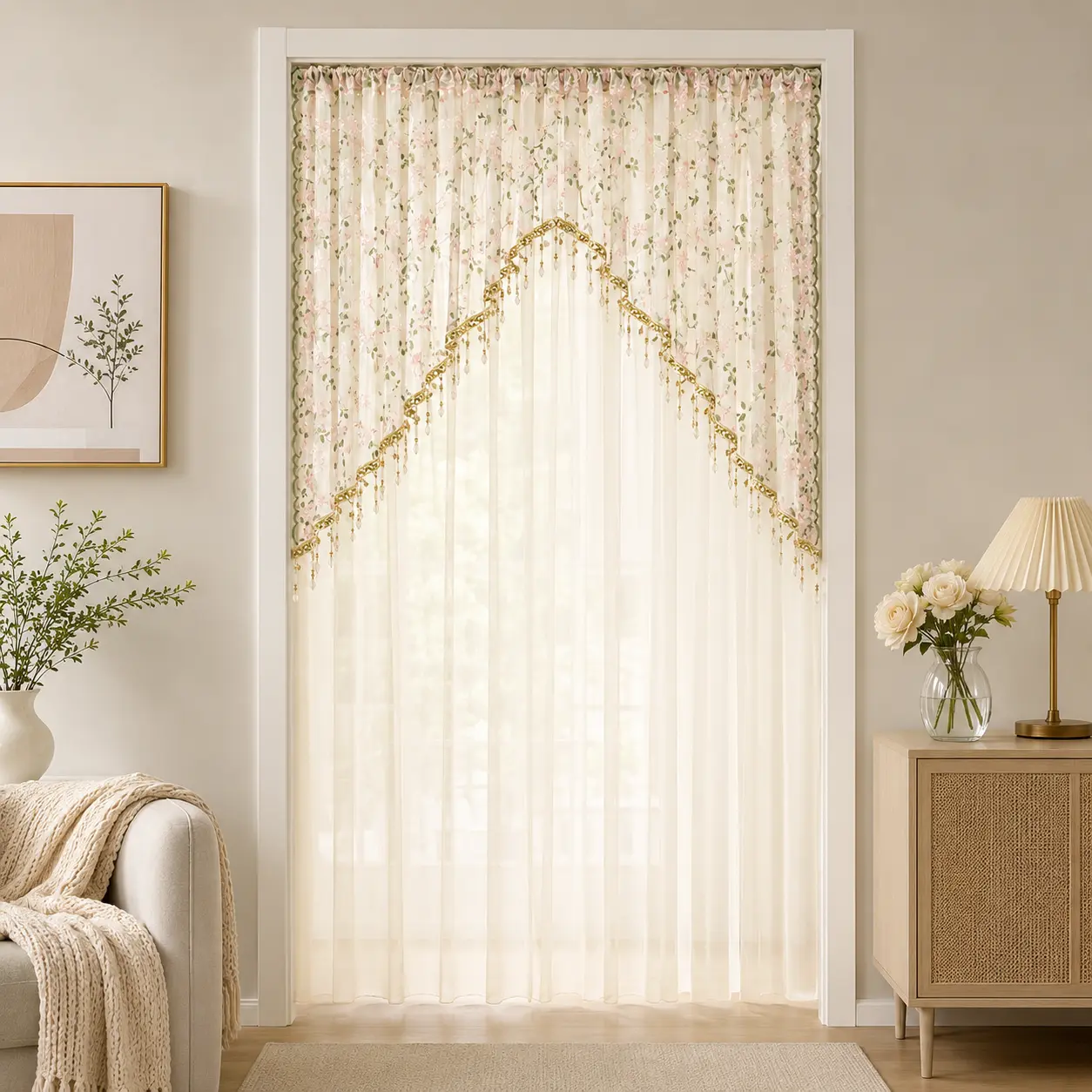 Boho Floral Sheer Door Curtain, Lace Room Divider Curtain with Beaded Tassels, Light Filtering Doorway Curtain for Closet, Bathroom & RV Decor