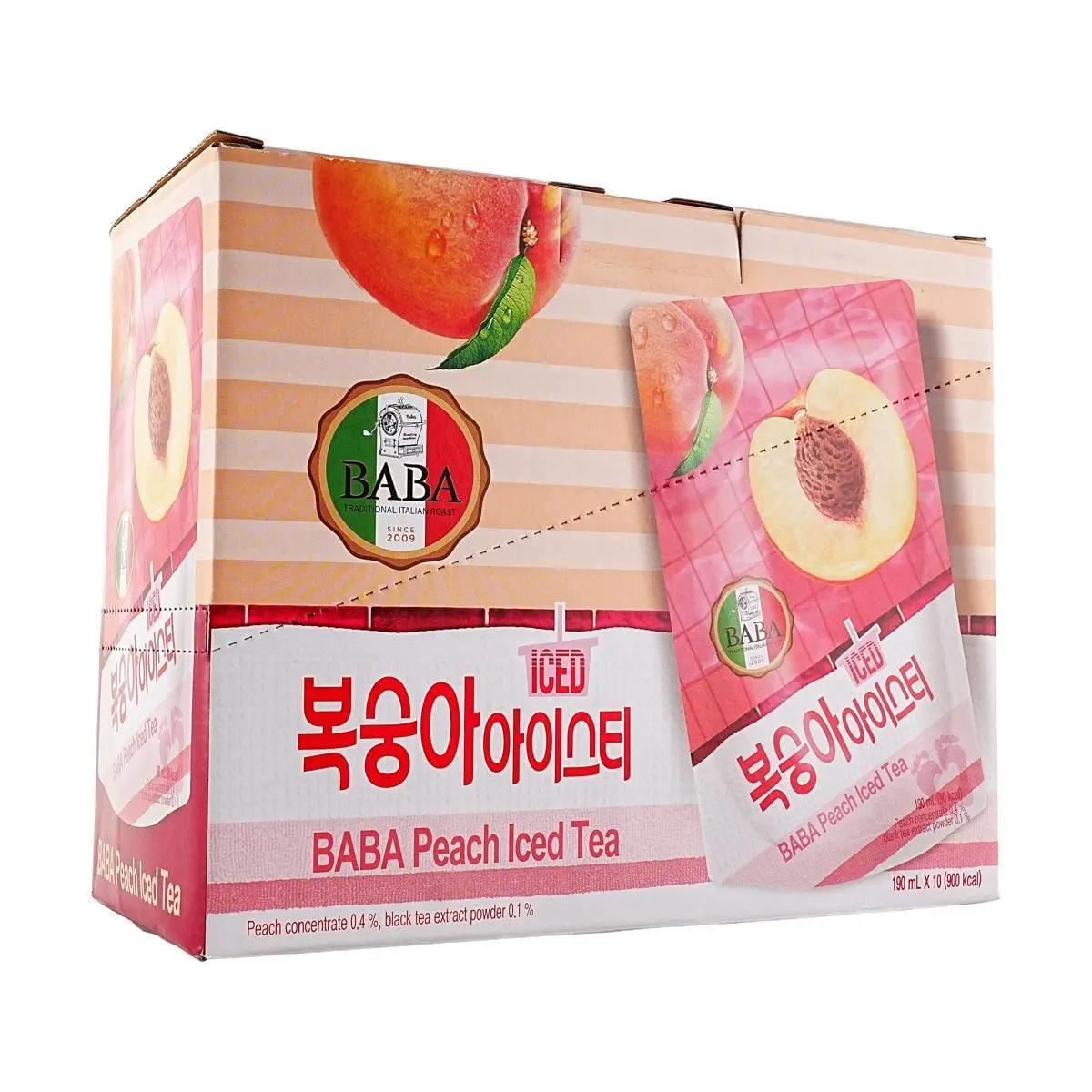 WOONGJIN BABA Peach Iced Tea 190ml x 10 Packs - Low Calorie, Zero Fat, Refreshing Korean Drink