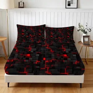 Black & Red Geometric Tech Grid Fitted Sheet 3-Piece Set (1 Fitted Sheet + 2 Pillowcases, No Pillow Insert Included), Modern Tech Style, Breathable Deep Pocket Design, Ideal for Gamers' Bedrooms, Suitable for Teens & Men, Great as a Gift