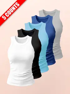 Women's Sporty Tank Top, Ribbed Round Neck Sleeveless Shirt, Solid Sports Vest, Side Elastic Straps Design, Comfortable Fashion Yoga Wear, Casual Daily Use