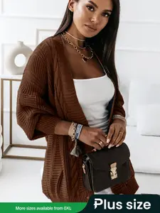 【Plus Size】 Solid Button Front Drop Shoulder Cable Knit Cardigan, Casual Long Sleeve V Neck Cardigan for Daily Wear, Women's Plus Clothing for All Seasons, Knitwear