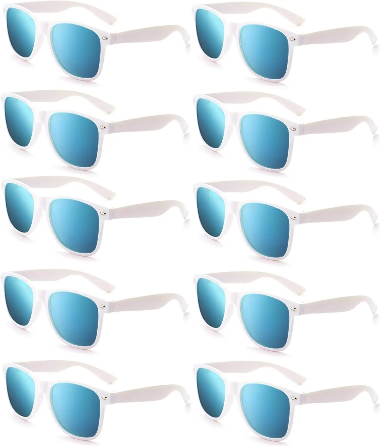 White Plastic Retro Sunglasses Bulk Accessory Set - 10Pack, Comfortable White Frame Mirrored Lenses 80s Shades for Adult Party Favors, Birthday Beach Events