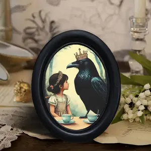 1count,Wall Decoration, Wooden Wall Art - Whimsical Forest Tea Party Scene with Crowned Girl & Raven, Rustic Wood Frame, Durable Sign for Home Decor, Fantasy Fairy Tale Room Decor, Halloween Decor, Fantasy Room Decoration, Fairytale Artwork