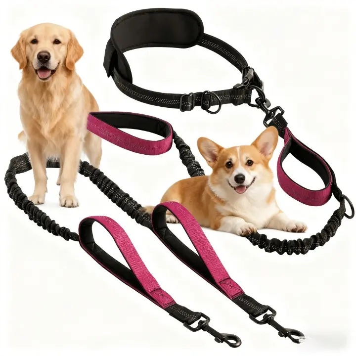 Hands Free Dog Leash for Running, Double Ended Waist Leash with Adjustable Bungee Lead, No Pull Shock Absorbing Dog Walking Belt for Large Dogs