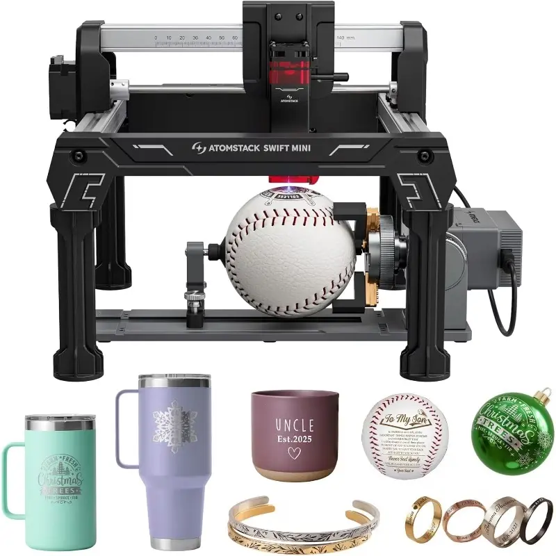 ATOMSTACK SWIFT MINI 3000mW Power Diode Laser Cutting & Engraving Machine with R8 Rotary Roller, Ultra Precision, 135mm*145mm Working Area, Leather/Crystal/Acrylic Craft Tool for Fine Jewelry Making, Father's Day Gift