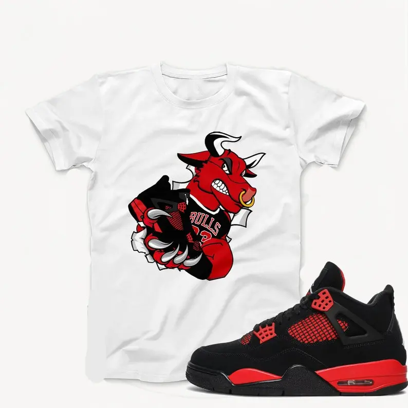 J 4 Red Thunder T-Shirt - B.O.M.B.S R.a.g.i..n.g Bull Sneaker tee - Sneaker Matching Shirt TOP PULLOVER 1