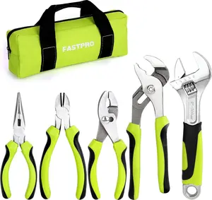 FASTPRO 5-Piece Utility Pliers Set with Storage Bag – Groove Joint, Diagonal, Long Nose, Slip Joint Pliers & 8" Adjustable Wrench, Green