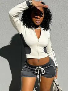 Two-Piece Set Women's Colorblock Side Stripe Zip Up Crop Jacket & Plain Drawstring Waist Shorts, Casual Fashion Stand Collar Long Sleeve Top & Shorts for Daily Outdoor Wear, Ladies Spring & Fall Clothes