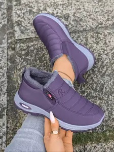 Women's Casual Winter Short Boots, Winter Booties, Solid Color Thick Sole Warm Anti-Slip Round Toe Slip-On All-Season Comfortable Shoes