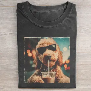 Comfort Colors Funny Goldendoodle Drinking Iced Coffee T-shirt, Retro 90s Edgy Dog Meme Tee, Unisex Fit Design, Casual Streetwear, Gift for Dog Lovers