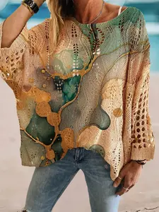 Women's Summer Knit Top, One Shoulder Hollow Out Batwing Sleeves, Loose Fit All over Print, Boho Style, Casual Elegance