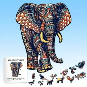 Elephant Wooden Handmade Puzzle, Unique Animal Shaped Jigsaw Pieces, Intermediate Puzzle Skill Level, Fun Learning Toy for Kids & Adults, Jigsaw Puzzles