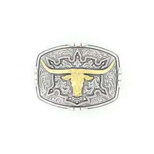 Nocona Belt Co Trendy Exquisite Western Belt Buckle - Silver-Gold Metal, Unisex Rectangle, Longhorn Floral Engraved, Style 37688, Trendy Exquisite Belt