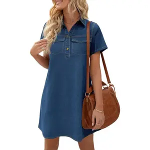 Imily Bela Women's Short Sleeve Denim Dress Button Down Collared Loose Fit Summer Casual Jean Shirt Mini Dresses
