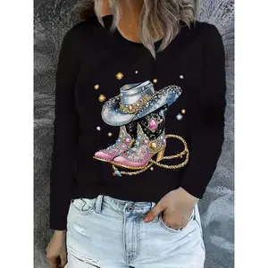 Long-Sleeve Printed Crew Neck Women's Casual Top with Cowboy Hat & Cowboy Boot Pattern - Women's Apparel, Comfortable & Slim-Fitting, Classic Design Hoodie Chic Breathable Womenswear Comfy Jackets Outfits