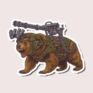 Tactical War Bear Sticker, Military Armor Grizzly with Machine Gun Helmet, Cool Combat Animal Decal for Laptop, Car, Water Bottle, Laptop Water Bottle Decal Sticker