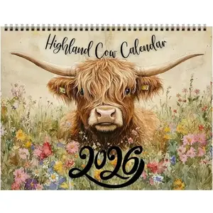 2026 Highland Cow Calendar - Scottish Cattle Planner with Monthly Tabs and Daily Grid Layout, Scottish Fold Design, for Home/Office, Scottish Themed Gift, Cute Highland Cow Calendar for Animal Lovers, January 2026 to December 2026