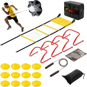 20FT Agility Training Equipment Set with 12 Rung Ladder 12 Cones 4 Hurdles Jump Rope and Resistance Parachute for Multi-Sport Footwork Drills