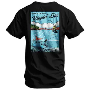 “Vintage Fishing Adventure Tee: ‘Spread’n Hips Rippin’ Lips’ Retro Scene, Angler & Giant Fish, Fishing Club Badge – Nostalgic Outdoor Enthusiast Black Wear”