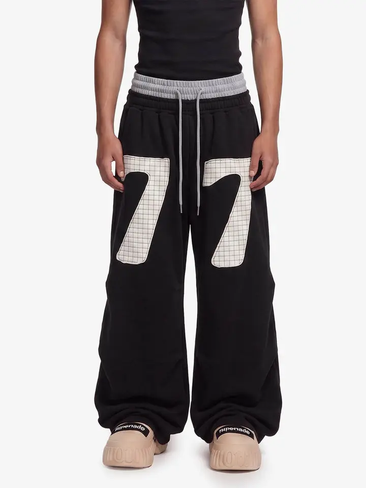 Thesupermade Double-Waisted Ruched Sweatpants | "77" Appliqué Patch Oversized Streetwear Jogger Men Women