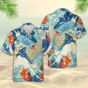 Men's Short-Sleeve Casual Gyarados Hawaiian Print Shirt - Magikarp Water Dragon Aloha Top, Tropical Ocean Cartoon Design, Anime Summer Beach Gift for Boys