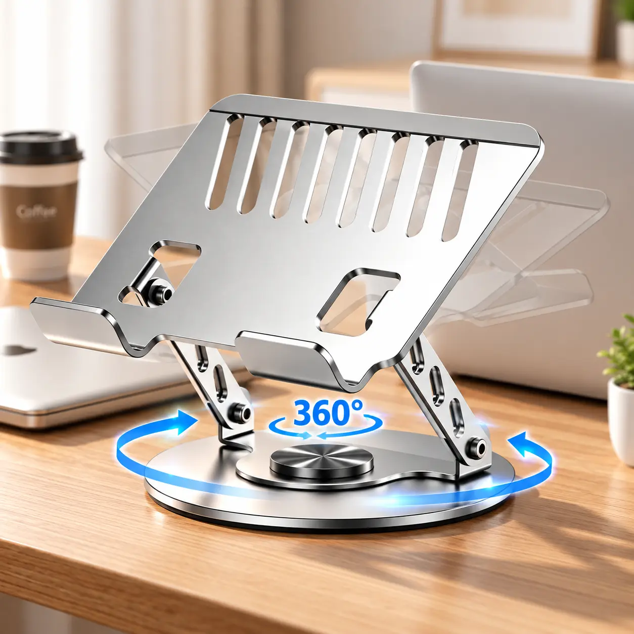 Carbon Steel Laptop Stand, 360° Rotating Base, Foldable Ergonomic Height-Angle Adjustable Ventilated Cooling Desk Holder, Portable Utility Rack for Home Office & Travel