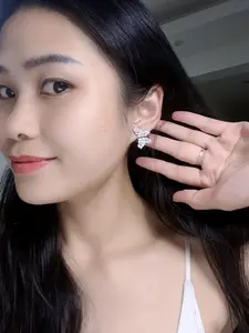 Silver Plated Marquise CZ Butterfly Huggie Earrings, Luxury Sparkling Statement Studs, Hypoallergenic Wedding Jewelry