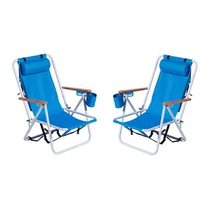 Folding Beach Chair Set of 2 for Adults 4 Position Portable Backpack Foldable Camping Chair with Headrest Cup Holder and Wooden Armrests Blue