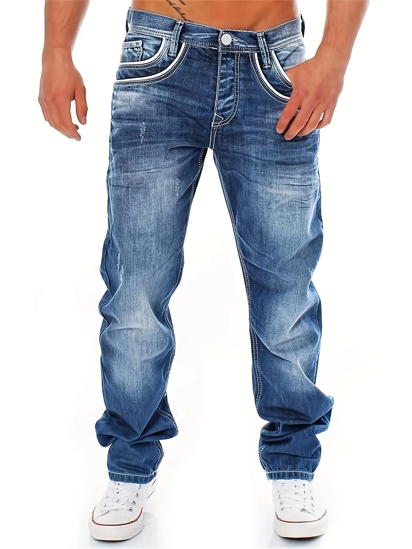 Men’s summer vintage washed blue straight-leg jeans — loose casual long pants with distressed details, versatile streetwear brand design featuring white-trimmed pockets