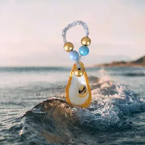 Small Oyster Shell Ornament or Wine Charm with Blue and Gold Beads Beach Inspired Decor