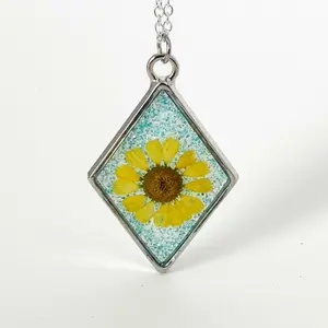 Pressed Yellow Daisy Necklace | Blue Glitter Diamond Pendant, Bedazzling Glitter Necklaces, Bling Necklaces