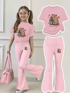 Girls' Capybara Flare Pants Set, Round Neck Short Sleeve Top & Matching Flare Pants, Casual Fit, All Seasons, Cute Design