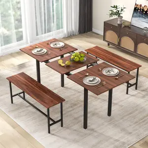 COSTWAY Dining Room Table Set for 2/4/6, Extendable 3-Piece Dining Table Set with 2 Benches, Metal Frame, Dinette Table Set for Breakfast Nook, Kitchen Table Chairs, Black/Walnut