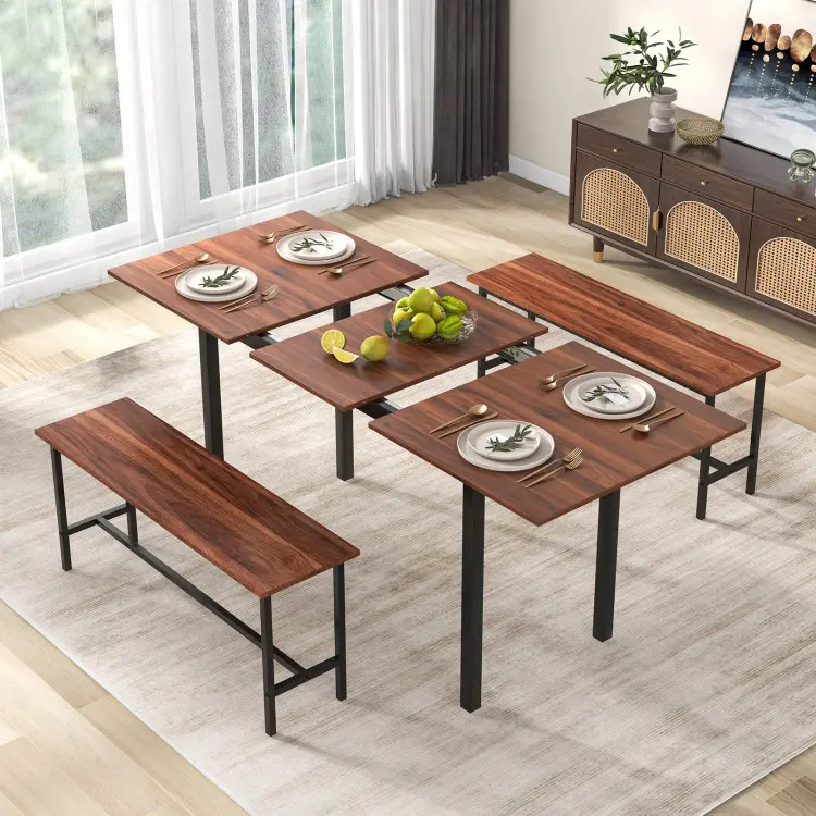 COSTWAY Dining Room Table Set for 2/4/6, Extendable 3-Piece Dining Table Set with 2 Benches, Metal Frame, Dinette Table Set for Breakfast Nook, Kitchen Table Chairs, Black/Walnut