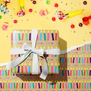 RUSPEPA Kraft Wrapping Paper Roll - Mini Roll - Colorful Birthday Candle Design Great for Birthday, Party, Baby Shower - 17 Inches X 32.8 Feet