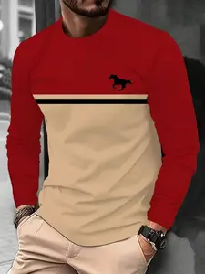 Men's Fashion Simple Horse Print Pattern Graphics Long Sleeve Construction T-Shirt, Casual Sport Round Neck Base Layer, Fitted Silhouette, Comfortable Breathable Clothing