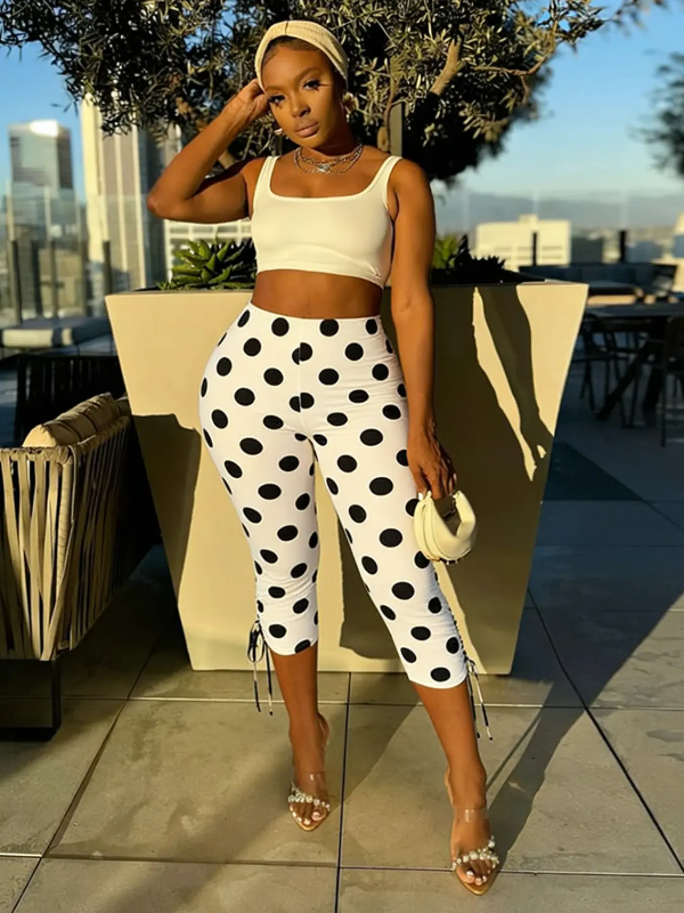 Women's Polka Dot High Waist Casual High Rise Drawstring Tight Fit Pants, Womenswear Fashionable Polka Dot Style Design, Ideal for Daily and Everyday Wear and Commuting, Casual Style Bottoms