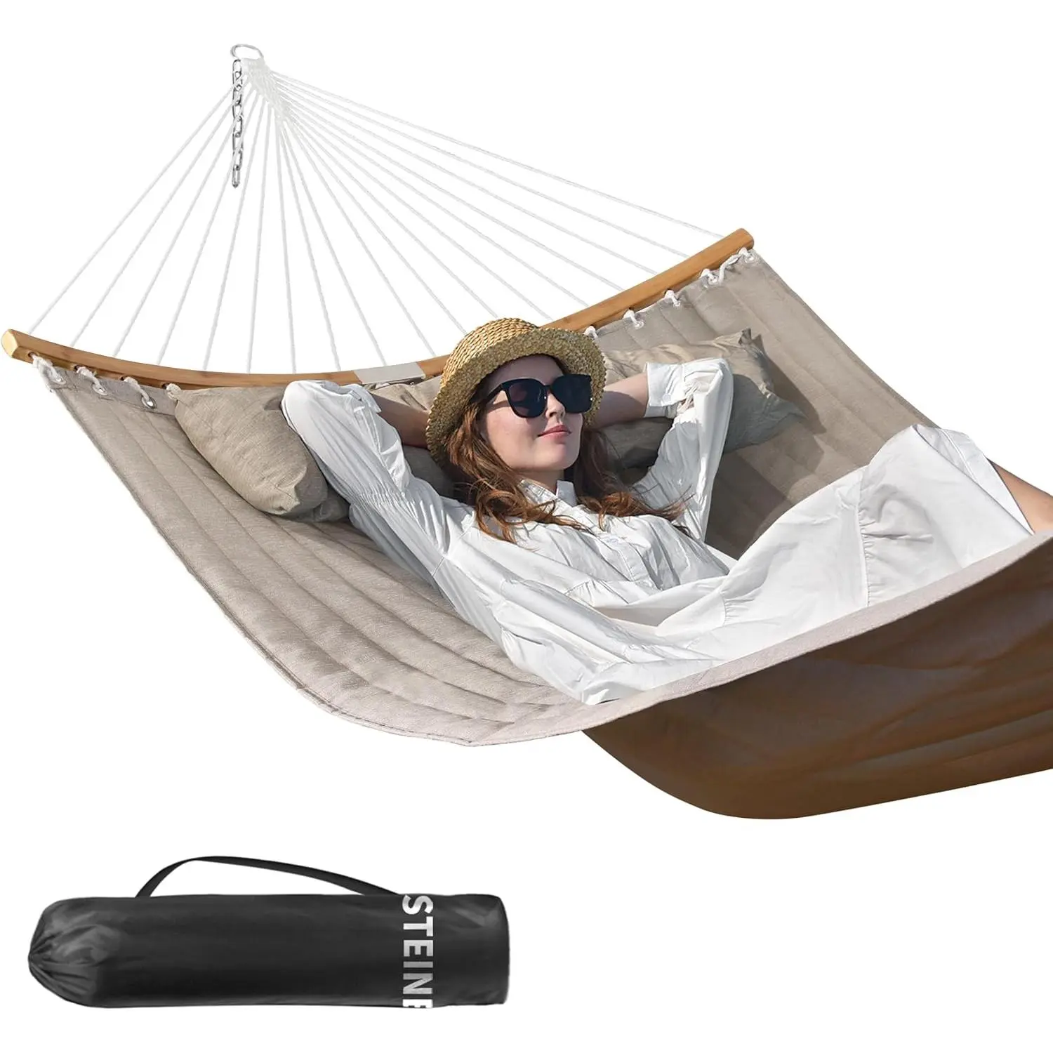 Double Hammock, 11 FT Quilted Fabric 2 Person Hammock for Outside with Pillow, Folding Curved Spreader Bar, Chains, Carrying Bag, Indoor Outdoor, 450 IB Capacity, BlanchedAlmond