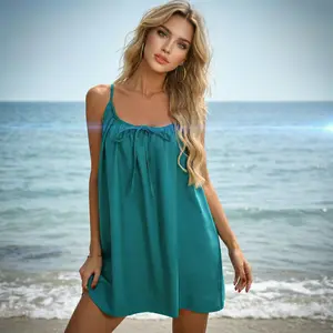 Woman's Breathable Lightweight Spaghetti Strap Backless Tie Bow Mini Dress, Sweat-absorbent Non-sticky For Hot Summer, Flowy A-line Flattering Short Dress, Beach Cover Up For Vacation Dating Picnic Daily Outing